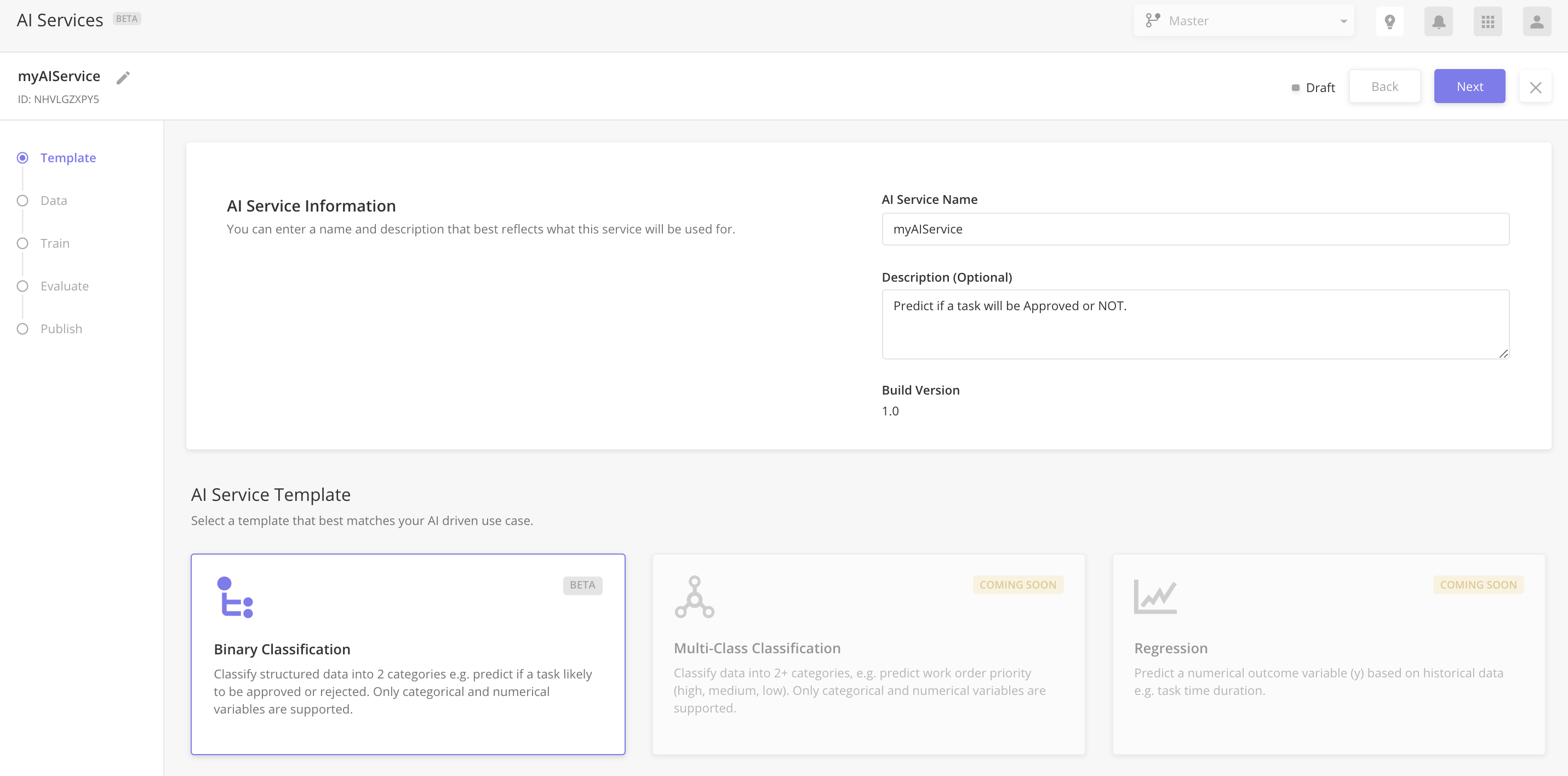 Binary classification AI service